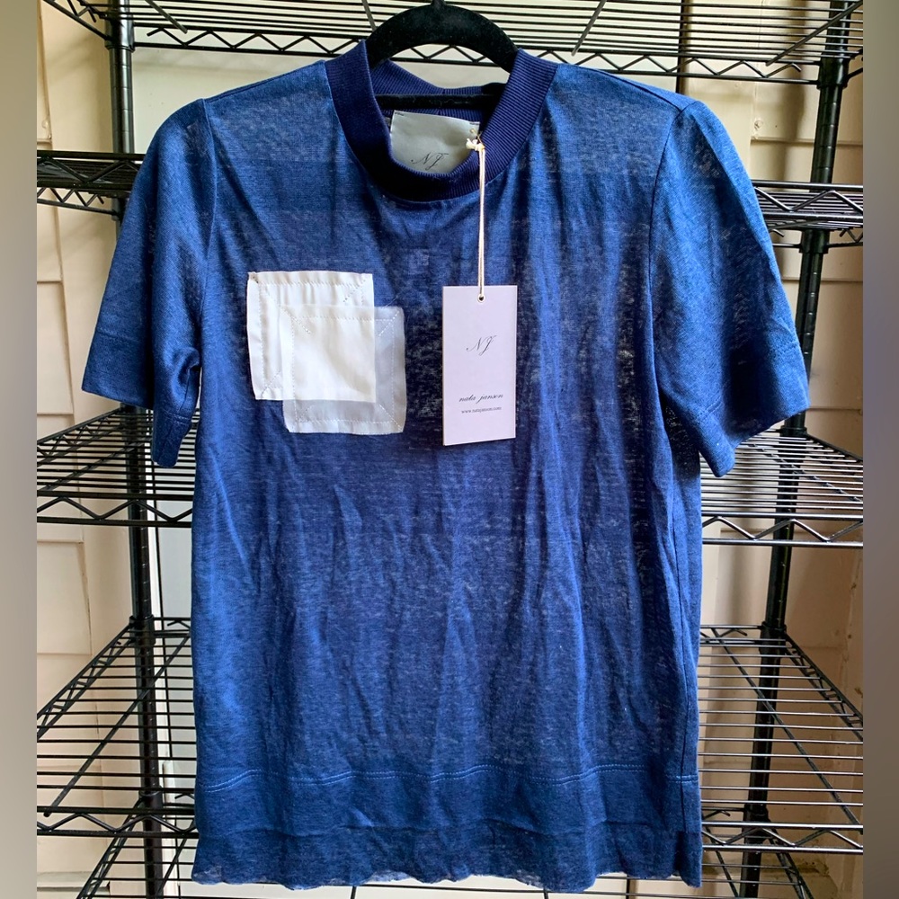 NWT French designer Nata Janson 100% linen Mogambo Tee in Navy size US 2